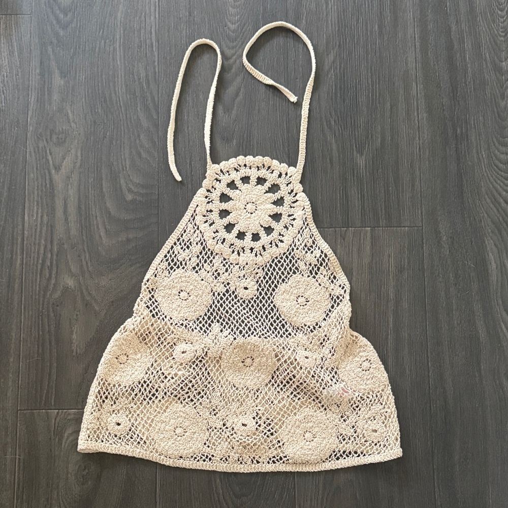 NWOT Primark x Rita Ora Collab Crochet Halter Top in Beige XS